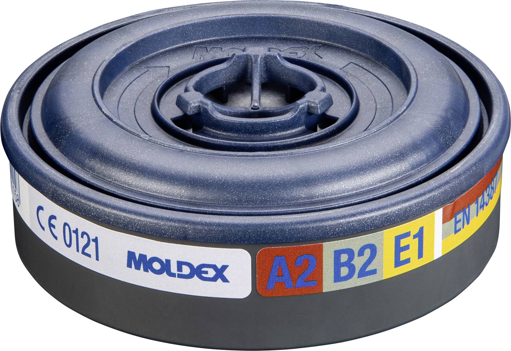 Moldex-Atemschutzfilterpatrone mit der Bezeichnung A2 B2 E1 auf einer dunkelblau und schwarz gefärbten runden Dose.