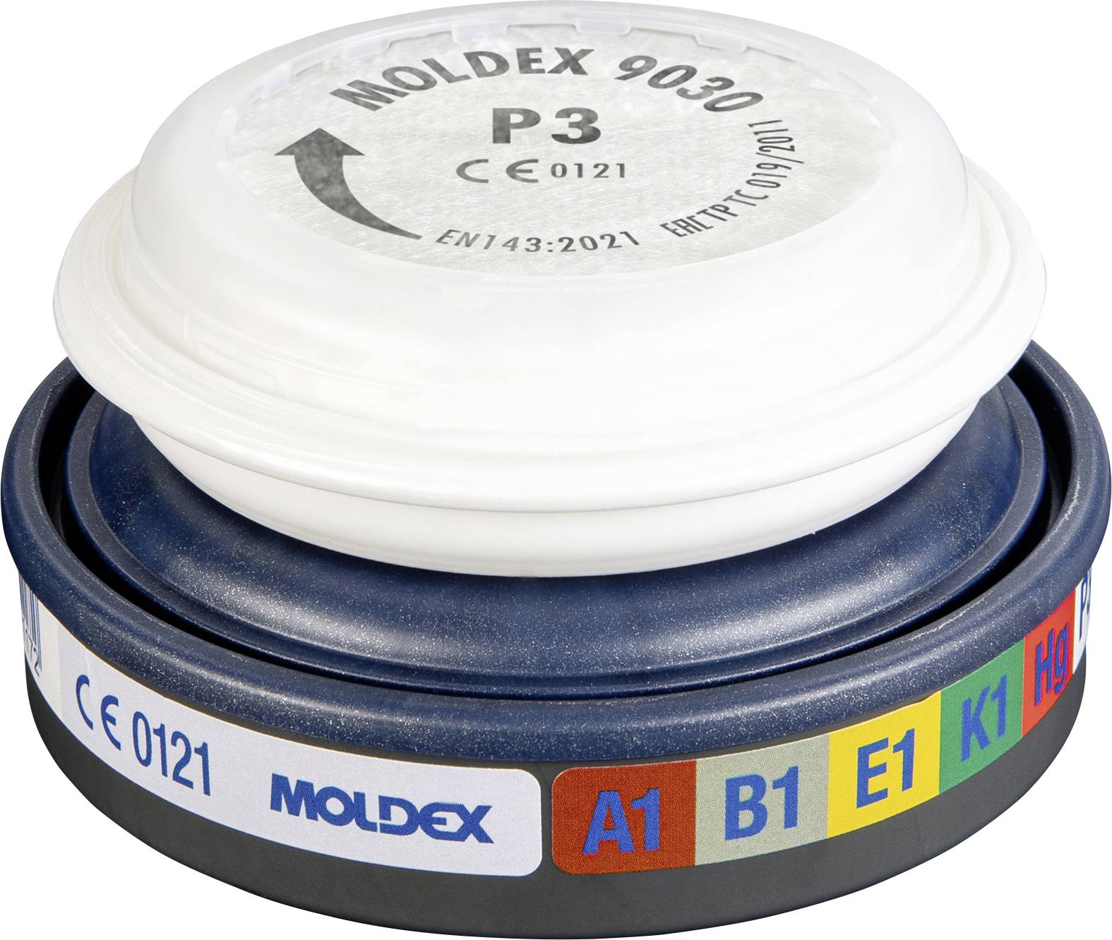 Moldex P3-Atemschutzfilter-Patrone mit weißer Kappe und farbigen A1-, B1-, E1-, K1-Etiketten auf dunkler Basis.
