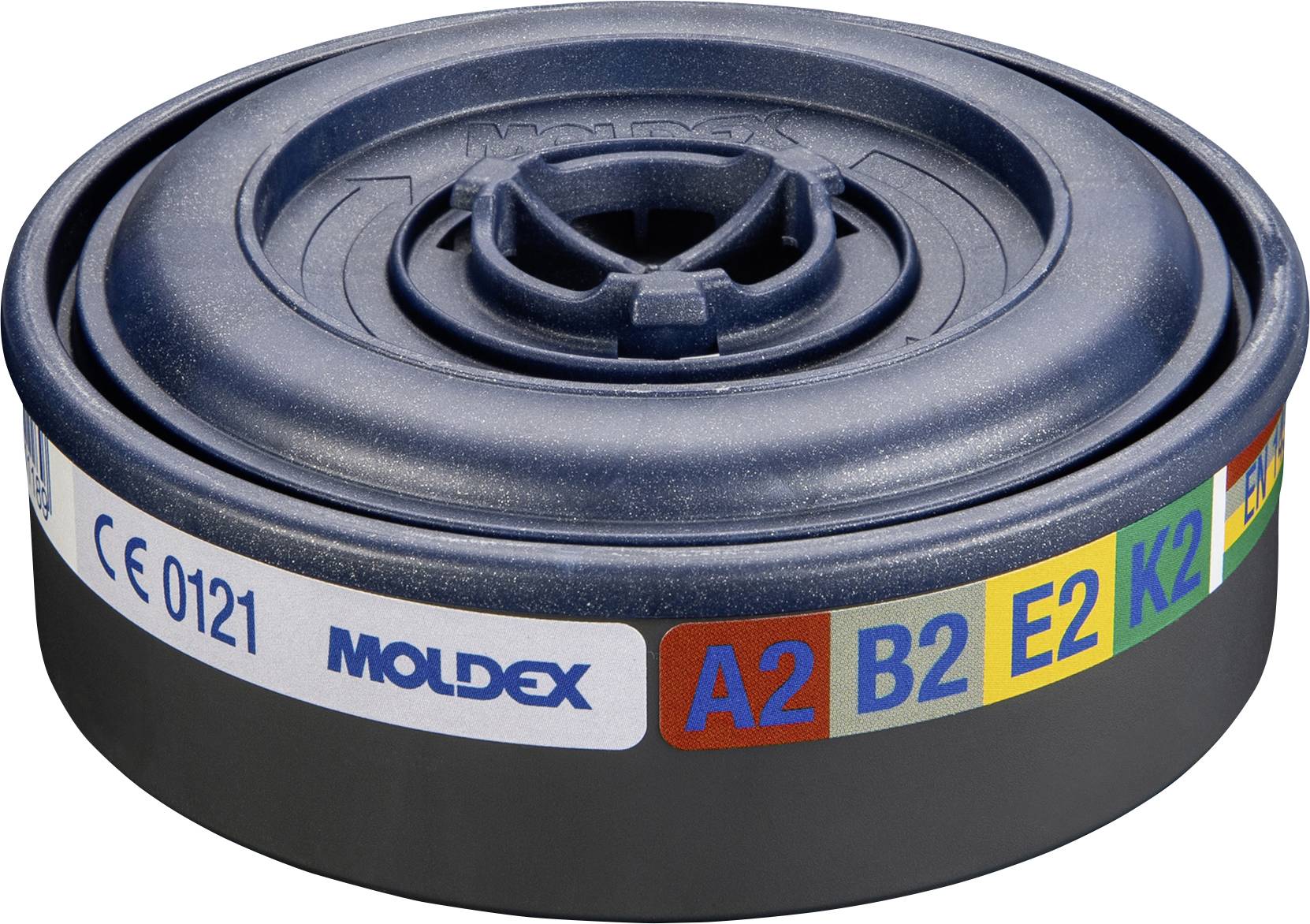Eine runde Moldex-Atemschutzfilterpatrone mit der Bezeichnung CE 0121 und A2 B2 E2 K2.
