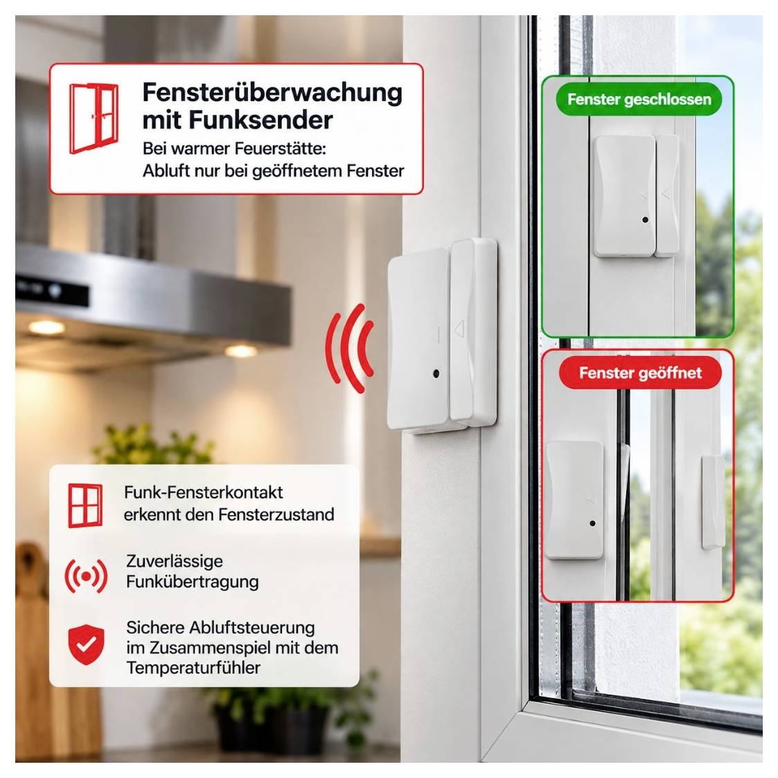 Werbegrafik zur Fensterüberwachung: Funk-Fensterkontakt mit Sender erkennt offenen oder geschlossenen Zustand; Hinweis auf Abluft nur bei geöffnetem Fenster.