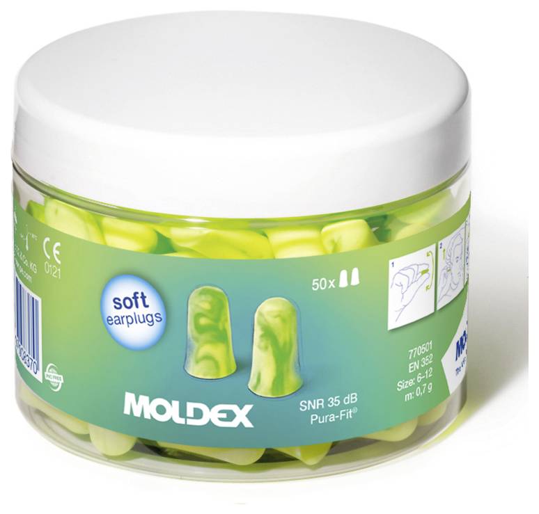 Behälter mit weichen Moldex-Ohrstöpseln, 50 Paar, gekennzeichnet mit SNR 35 dB Pura-Fit, dargestellt in einem durchsichtigen Glas mit weißem Deckel.