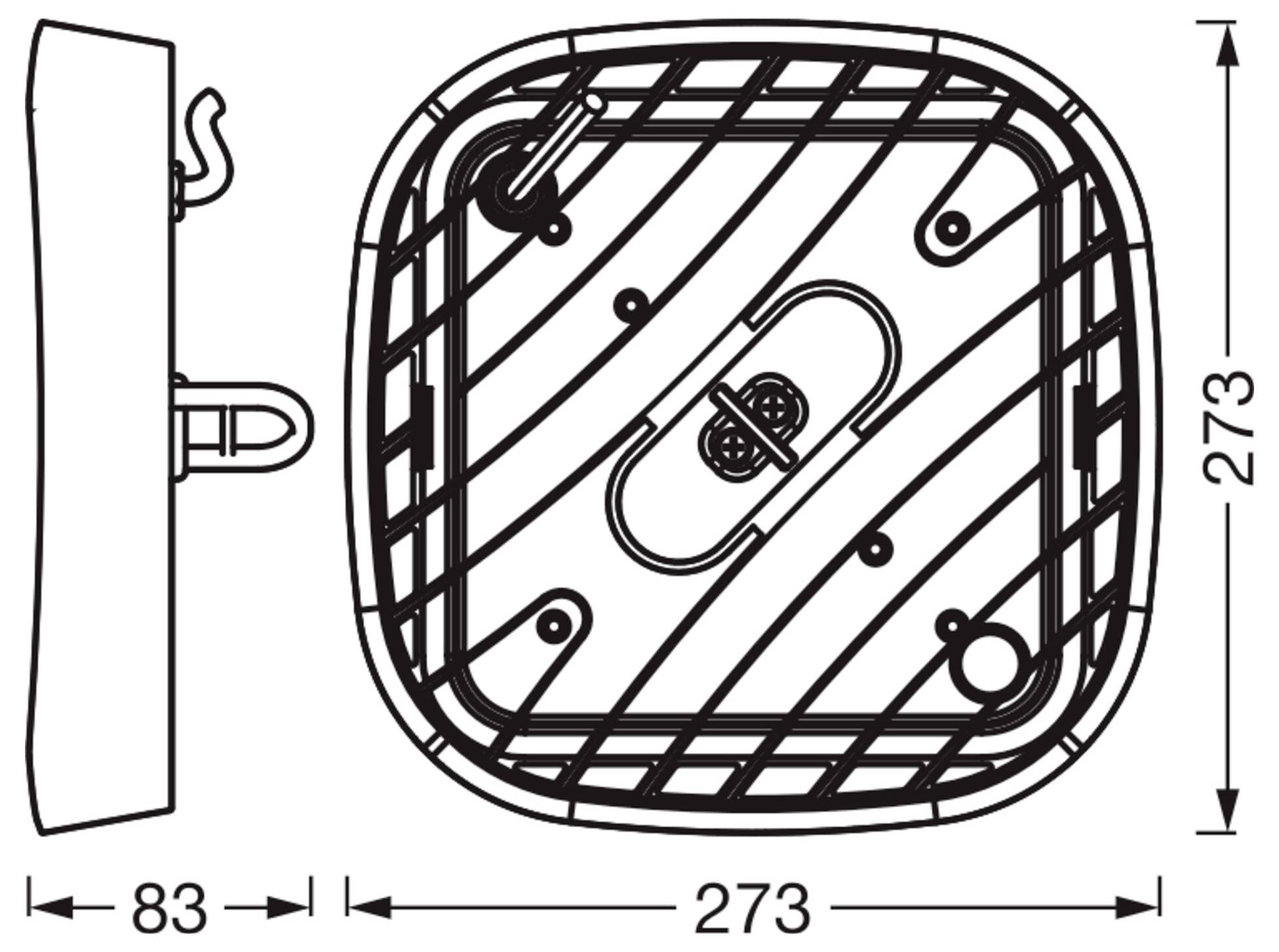 Technische Strichzeichnung einer quadratischen wandmontierten Leuchte, dargestellt in Vorder- und Seitenansicht, mit den Abmessungen 273 × 273 und Tiefe 83.
