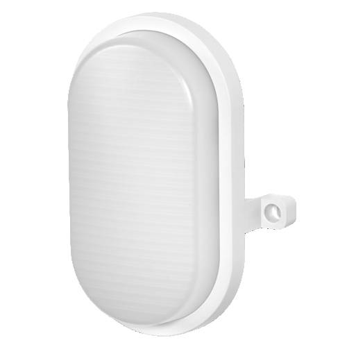 Weißes ovales, wandmontiertes Sensor- oder Alarmgerät mit einer Seitenbefestigung, abgebildet vor einem einfachen Hintergrund.