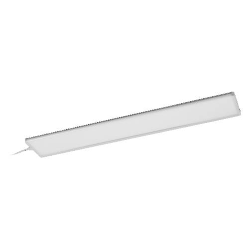 Lange rechteckige LED-Leuchtenleiste auf weißem Hintergrund, in schrägem Winkel dargestellt, mit sichtbarem kurzem Stromkabel auf der linken Seite.