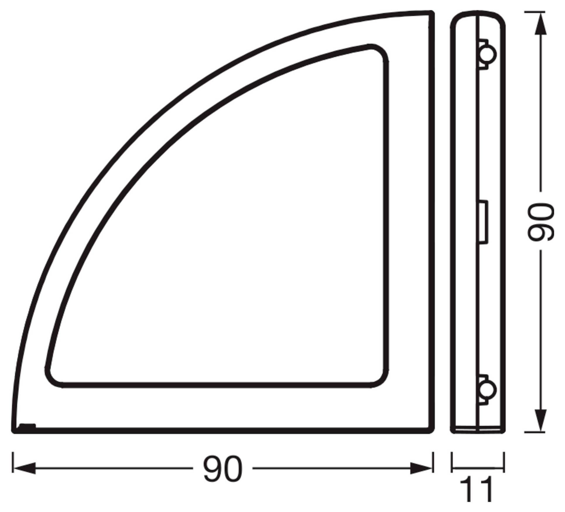 Technische Zeichnung einer Viertelkreistür oder eines Viertelkreispaneels, mit 90 x 90 bezeichnet, mit einer Stärke von 11 und einer Seitenansicht, die Hardware-Details und eine Höhendimension von 90 zeigt.