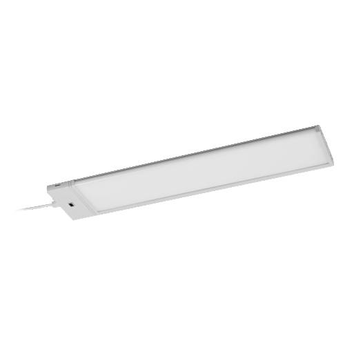 Schlankes rechteckiges LED-Lichtpanel mit weißem Rahmen, diagonal auf neutralem Hintergrund dargestellt.
