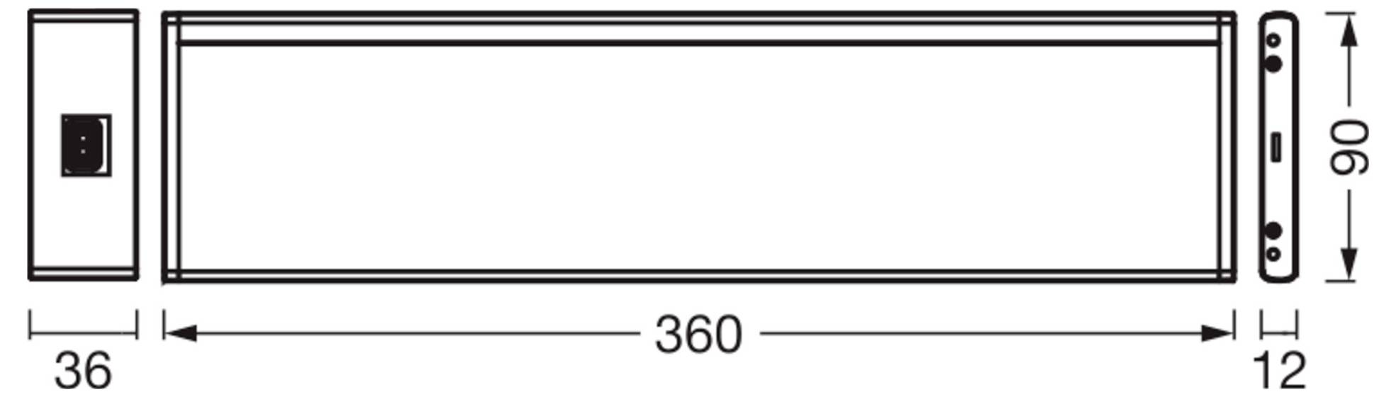 Technische Zeichnung eines rechteckigen Panels mit Seitenkomponenten, beschriftete Abmessungen 360 mm Länge, 90 mm Höhe und 36 mm und 12 mm Seitenbreiten.