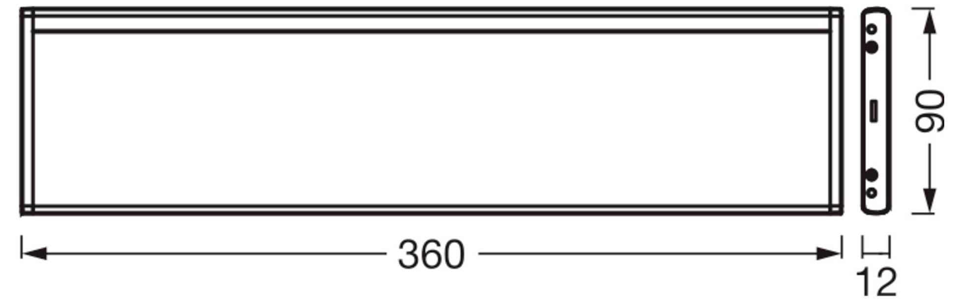 Technische Zeichnung eines rechteckigen Panels: 360 mm lang, 90 mm breit, mit 12 mm Dicke in der Seitenansicht dargestellt.
