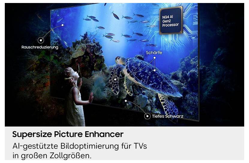 Werbeabbildung eines Fernsehbildschirms mit einer Unterwasserszenerie und einer Schildkröte, die die Funktionen „Rauschreduzierung", „Schärfe", „Tiefes Schwarz" und „NG4 AI Gen2 Processor" zur Bildverbesserung hervorheben.