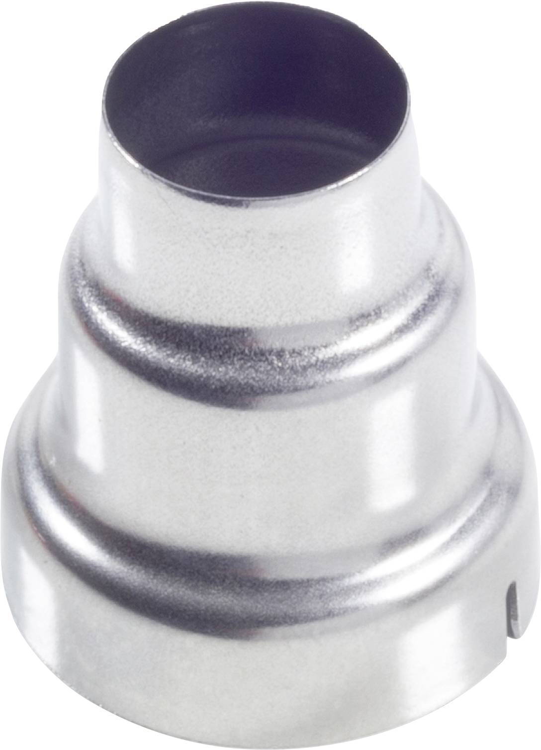Nahaufnahme einer glänzenden Metallspritze oder Kappe mit weit offener Oberseite, gezeigt vor einem schlichten weißen Hintergrund.