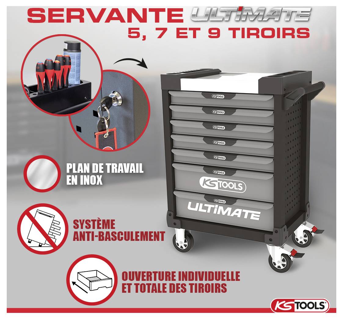 KS Tools Servante Ultimate Werkstattwagen mit 5, 7 oder 9 Schubladen, Edelstahlarbeitsplatte, Kippschutz-System und individuellem vollständigem Schubladenöffnung.