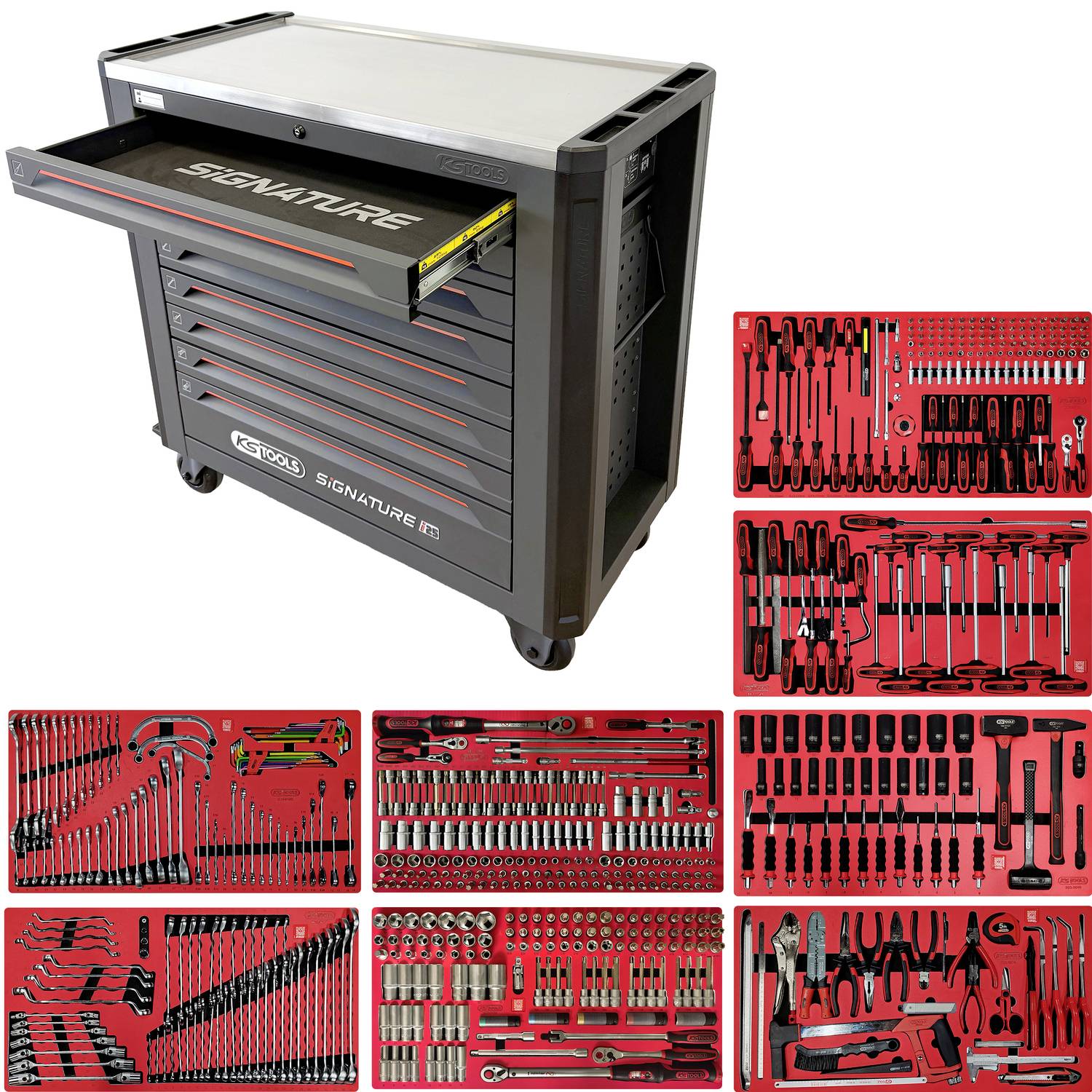 Rollbarer K-Tools Signature Werkzeugschrank mit mehreren Schubladen und mehreren roten Werkzeugtablett-Sets daneben, die verschiedene Handwerkzeuge und Steckschlüssel zeigen.