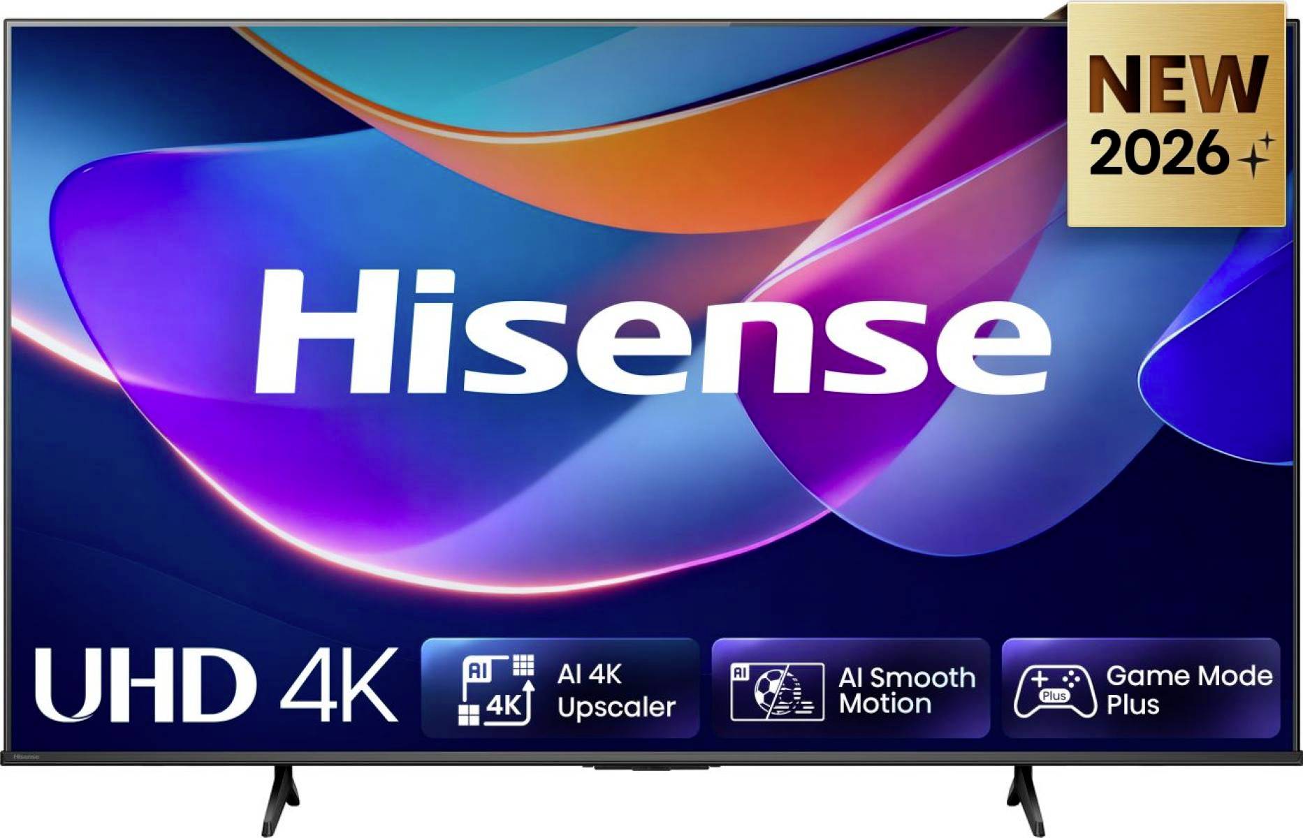 Hisense UHD 4K Fernseher mit farbenfroher abstrakter Anzeige, gekennzeichnet mit „NEU 2026