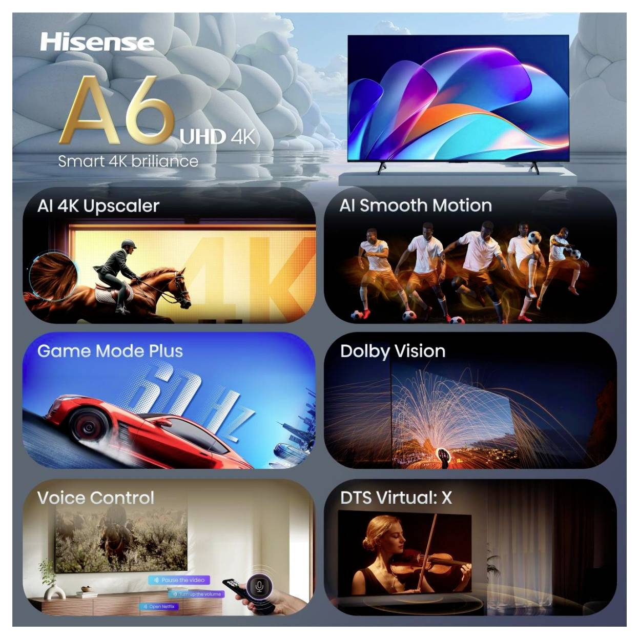 Hisense 65A6S LED-TV 164cm 65 Zoll EEK E (A - G) Schwarz Ultra HD, Smart TV