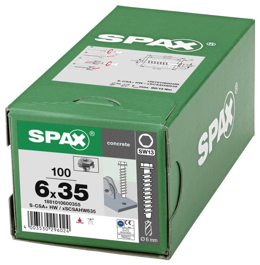 Grüne SPAX-Betonschraube Schachtel gekennzeichnet mit SW13, 6x35, mit Produktabbildung und Menge 100.