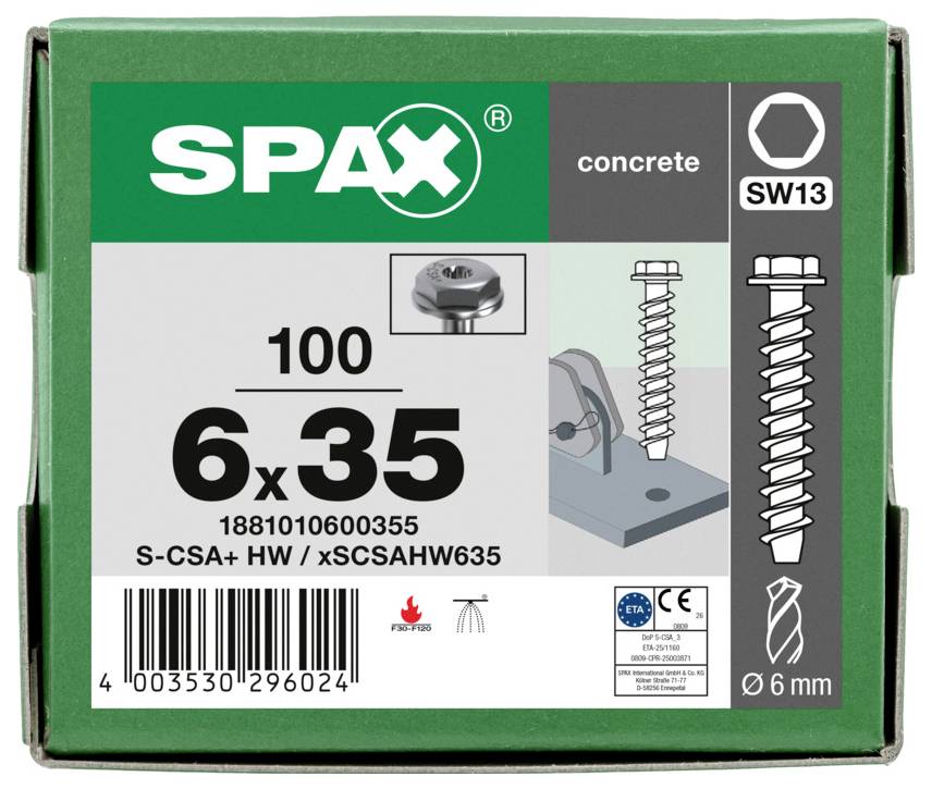 SPAX Betonschraube Box mit Kennzeichnung SW13, Größe 6x35, Packung mit 100 Stück, mit Produktabbildungen und Strichcode.