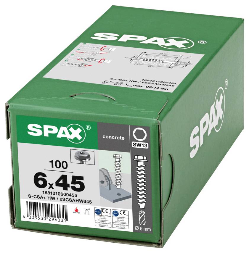 Grüne SPAX-Betonschraube in einer Schachtel mit der Bezeichnung '6x45' und 'SW13', zeigt Produktabbildung und Bohrlochdurchmesser '6 mm'.