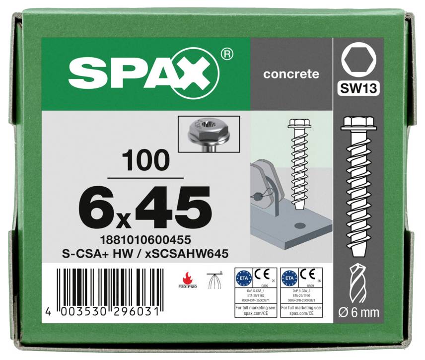 Karton SPAX Betonschrauben, Größe 6 x 45, mit SW13 Sechskantkopf und 6 mm Durchmesser auf der Verpackung angegeben.