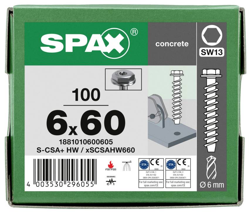 SPAX Betonschraube Karton mit Kennzeichnung SW13, 6 x 60 mm, Packung mit 100 Stück, mit Produktabbildung und Barcode.