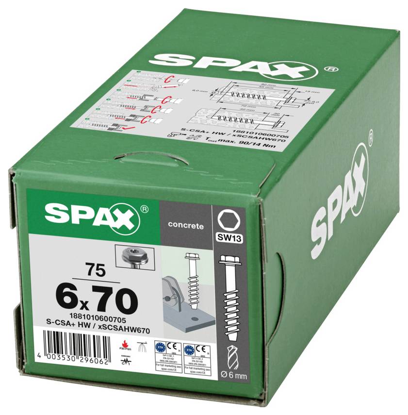 Grüne SPAX Betonbefestigungsbox mit der Bezeichnung "6x70" und "SW13", auf der Schraubenabbildungen und Produktdetails zu sehen sind.