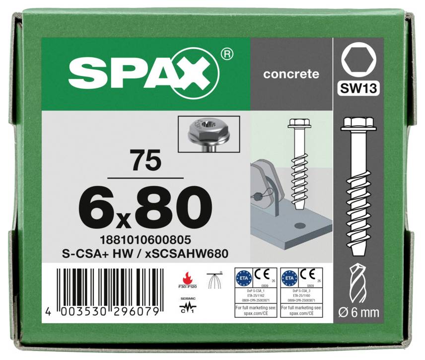 SPAX Betonschraube Karton mit Bezeichnung SW13, 6 x 80 mm, mit Illustration der Schraube mit Sechskantkopf und Strichcode.