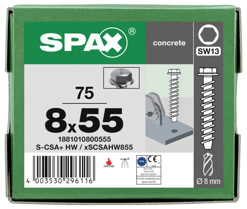 Schachtel SPAX Betonschrauben, gekennzeichnet mit SW13, 8x55 und Ø8 mm, mit Schraubenabbildungen und Barcode auf der Verpackung.