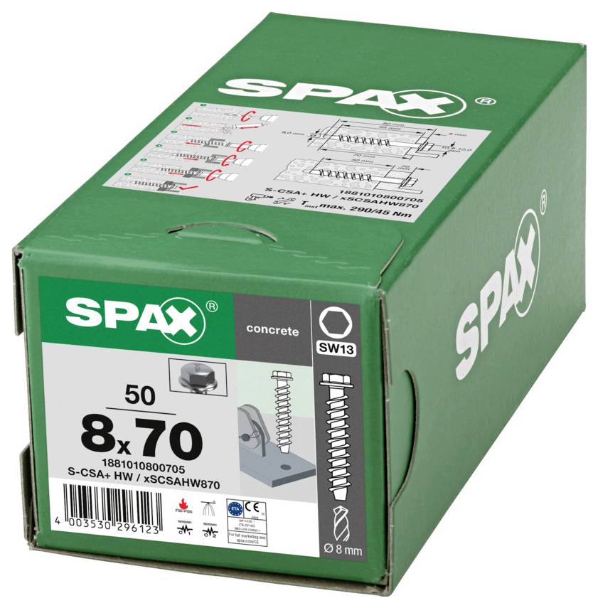 Grüne SPAX-Schachtel mit Betonschrauben mit der Beschriftung „8x70" und „SW13", mit Produktdiagrammen und Installationsdetails auf der Verpackung.