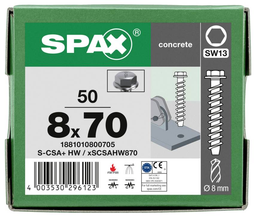 SPAX Packung mit Betonschrauben, beschriftet 8x70, SW13, und 50 Stück, mit Produktdiagrammen und Installationssymbolen.