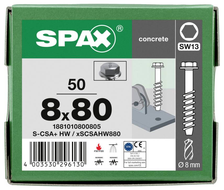 SPAX Betonschraube Karton mit Bezeichnung SW13, 8x80 mm, 50er Packung, mit Produktabbildung und Strichcode.