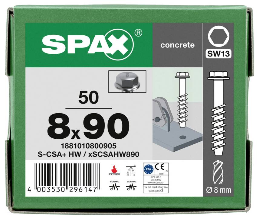 SPAX Betonschrauben Schachtel, SW13, Größe 8x90, 50er Pack, mit Produktabbildung und Barcode auf grüner Verpackung.