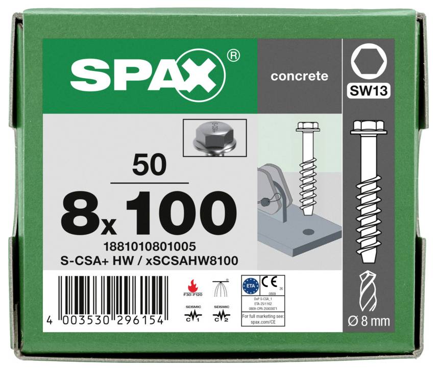 SPAX-Box mit 50 Betonschrauben, Größe 8 x 100 mm, mit SW13 Sechskantkopf und angezeigten Produktcodes.