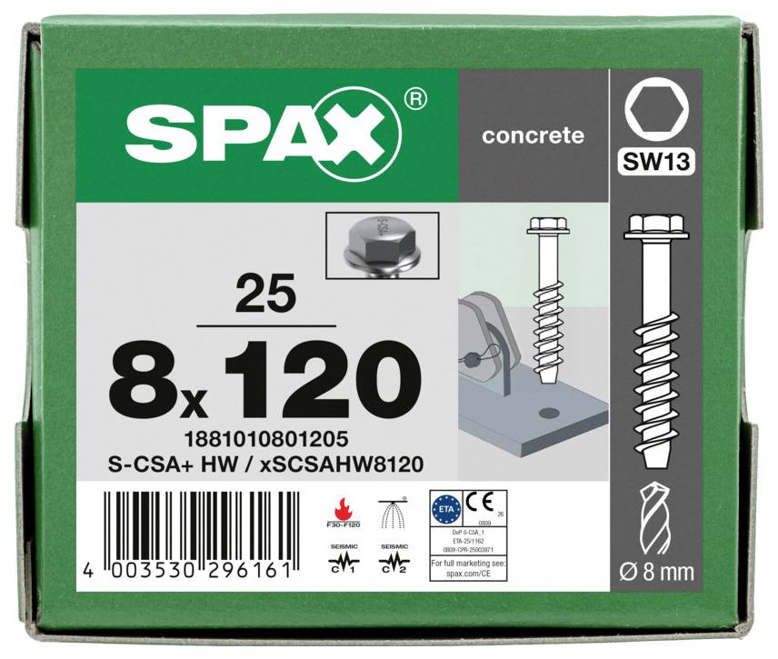 SPAX-Betonschraube-Box mit Bezeichnung „8x120" und „SW13", mit einer Sechskantschraube für Beton, Menge 25 Stück und 8 mm Durchmesser.