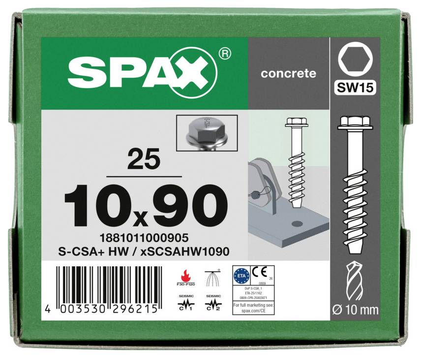 Packung SPAX Betonschrauben, Größe 10x90 mm, SW15, Packungsinhalt 25 Stück, mit Montage- und Bohrungsikonen.