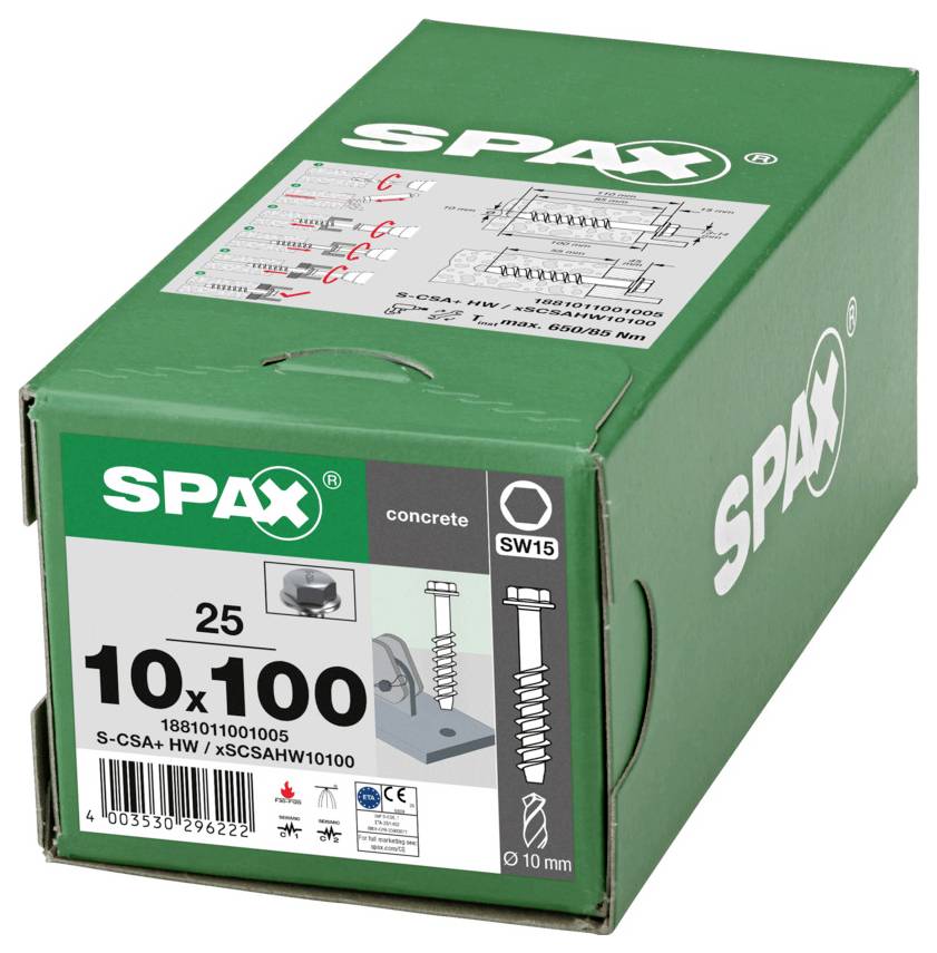 Grüne SPAX-Schachtel mit Betonschrauben, beschriftet 10 x 100, 25er Packung, mit Produktdiagrammen und Symbolen auf der Vorderseite.