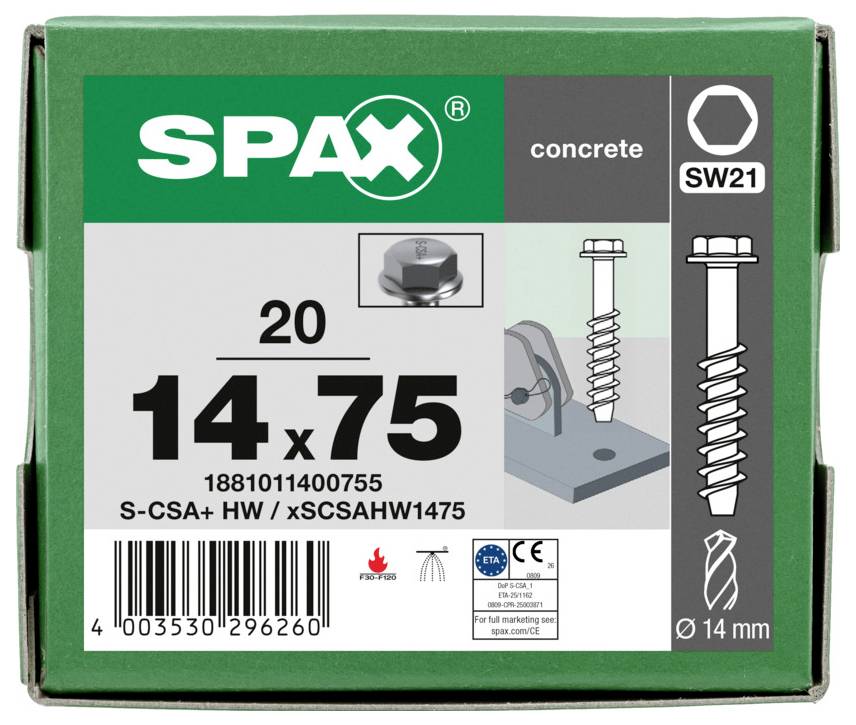 Packung SPAX Betonschrauben, Größe 14 x 75, 20 Stück, mit Sechskantflansch SW21 und Ø14 mm Bit-Angabe.