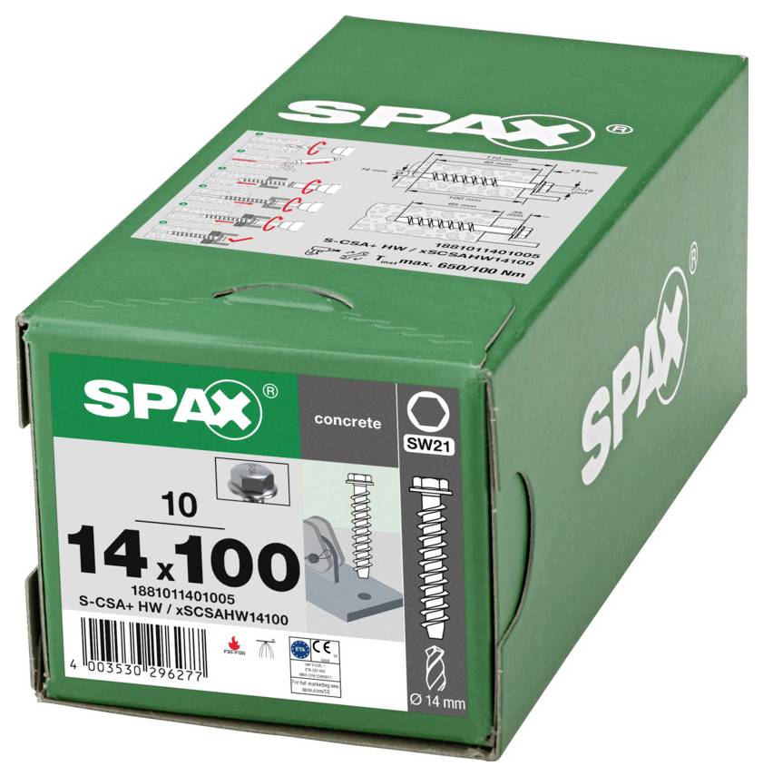 Grüne SPAX-Betonschraube in einer Schachtel mit der Bezeichnung „14 x 100" mit Produktdiagrammen und „SW21" auf der Vorderseite.