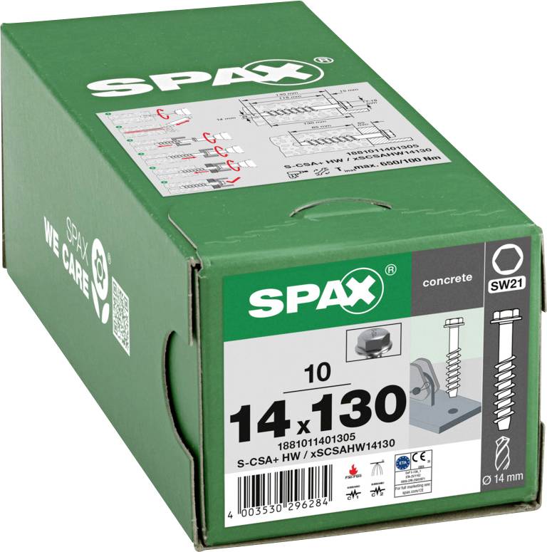 Grüne SPAX-Schraubenbox für Beton, beschriftet mit '14 x 130', SW21, mit Produktdiagramm und 'WE CARE'-Branding.