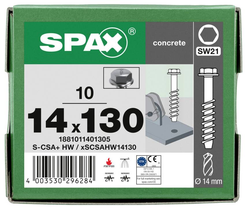 SPAX Betonschraube Karton mit Kennzeichnung SW21, Größe 14 x 130, Packung mit 10 Stück, mit Produktabbildung und Barcode.
