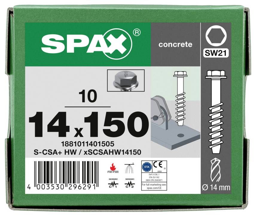 SPAX Betonschrauben Karton beschriftet 14 x 150, SW21, mit Schraubenabbildung und Barcode.