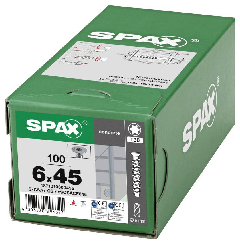 Grüne SPAX-Box mit Betonschrauben, beschriftet mit „100" und „6x45", mit Schraubensymbol und Antriebsmarkierung „T30".