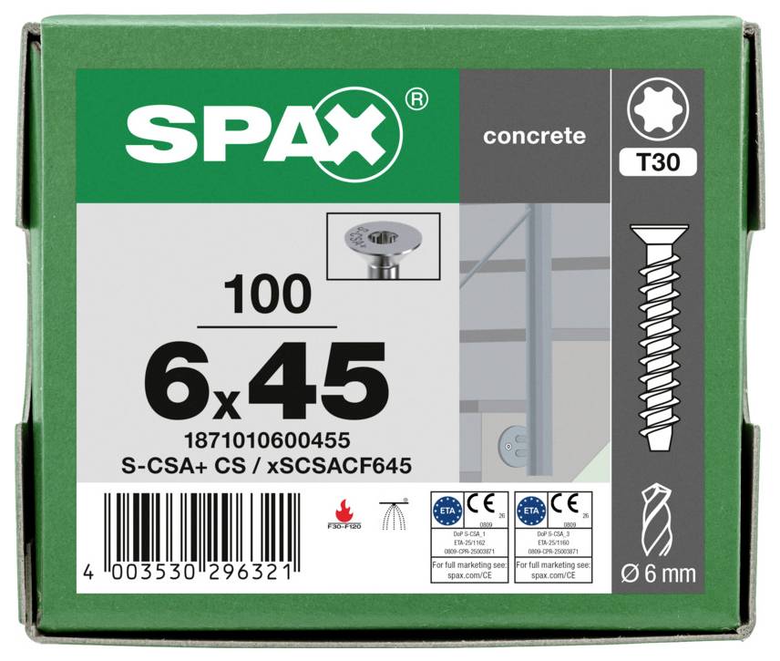 Karton mit SPAX-Betonschrauben, gekennzeichnet mit 6x45, T30, 100er-Pack, mit Barcode und Produktsymbolen.