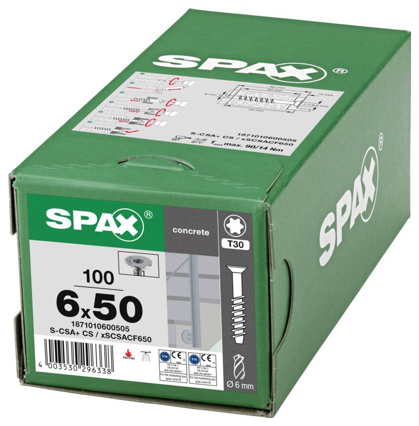 Grüne SPAX-Schachtel mit Betonschrauben, beschriftet mit „6x50" und „100", mit T30-Antrieb und angegebener Bohrergröße von 6 mm.