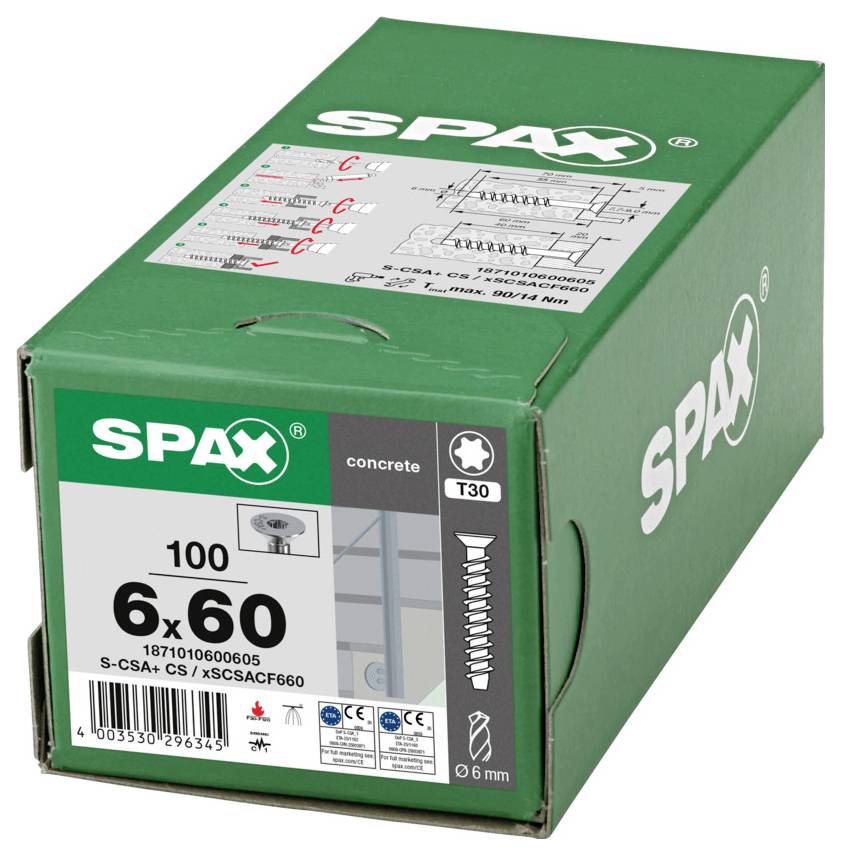 Grüne SPAX-Schachtel mit Betonschrauben, beschriftet mit "6x60" und "100", dargestellt in Produktverpackung mit Schraubenabbildung und Größenmarkierungen.
