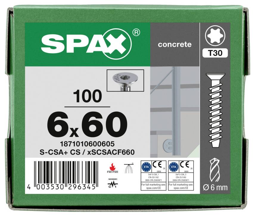 Karton mit SPAX-Betonschrauben, Größe 6x60, 100 Stück, T30-Antrieb und 6 mm Durchmesser, mit Strichcode und Produktkennzeichnungen.