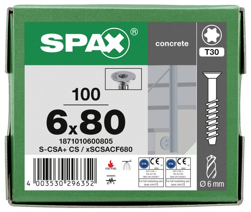 SPAX-Packung mit Betonschrauben, gekennzeichnet mit 6x80, 100er Pack, T30 und 6 mm Durchmesser, mit Barcode und Produktzertifizierungen.