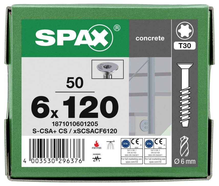 Grüne SPAX-Schachtel mit Betonschrauben mit der Bezeichnung „6x120" und „50", mit T30-Antrieb und 6 mm Durchmesser auf der Vorderseite dargestellt.