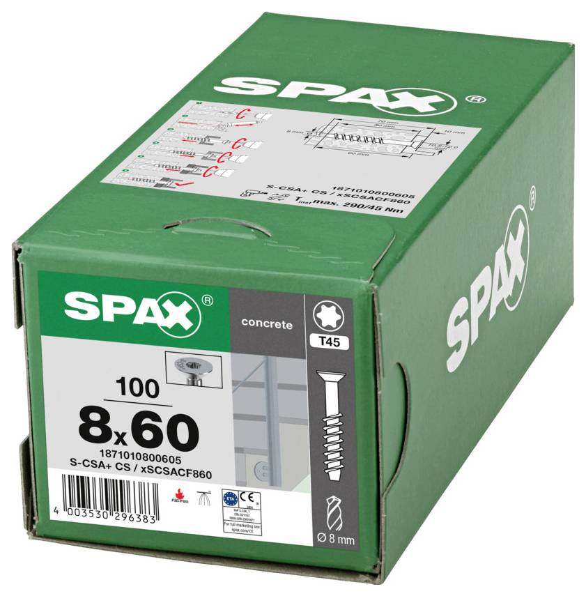 Grüne SPAX-Schachtel mit Betonschrauben, beschriftet 8x60 mit T45-Antrieb, in der Produktverpackungsansicht dargestellt.