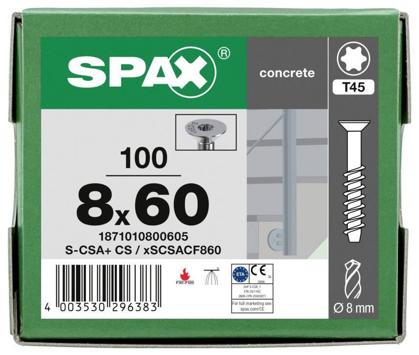 SPAX Packung mit 100 Betonschrauben, Größe 8x60 mm, T45-Antrieb, mit Barcode und Produktkennzeichnung.