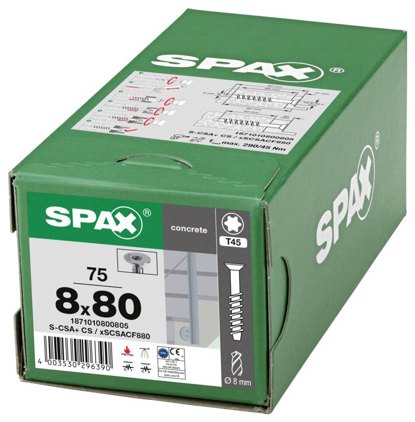 Grüne SPAX-Schachtel mit Betonschrauben, beschriftet mit „8x80" und „75", mit Produktdetails und einer Schraubenabbildung auf der Vorderseite.