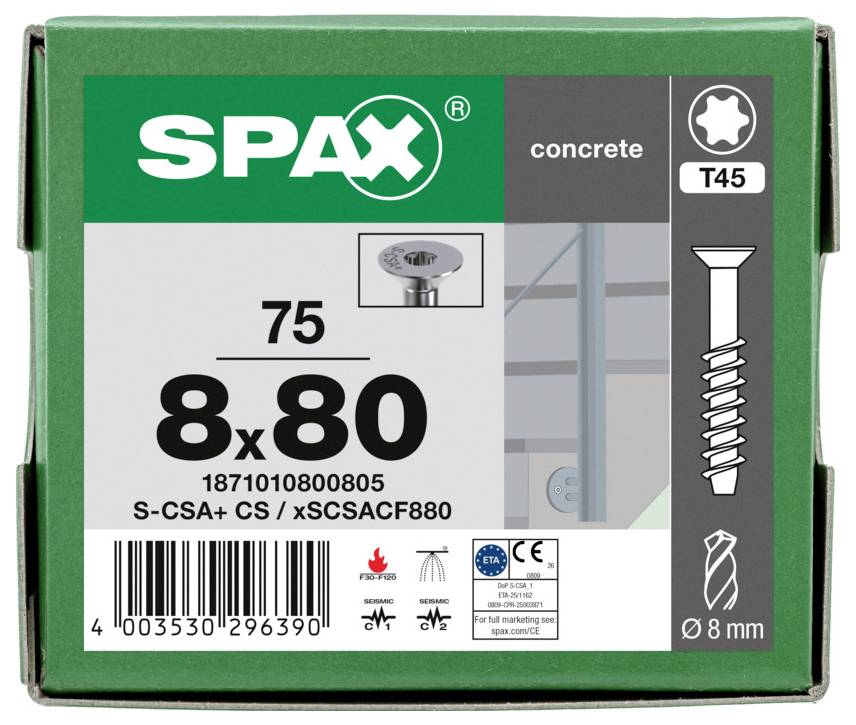 SPAX-Karton für Betonschrauben, beschriftet mit "75", "8x80" und "T45", mit Schraubenabbildung und Produkt-/Barcode-Details.
